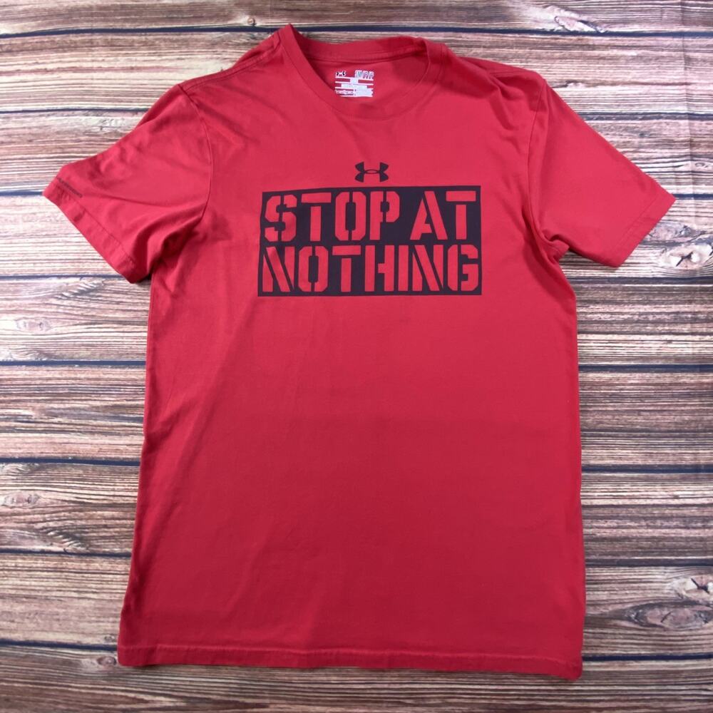 Under Armour Shirt Mens Small Red Stop At Nothing Graphic HeatGear Tee Top